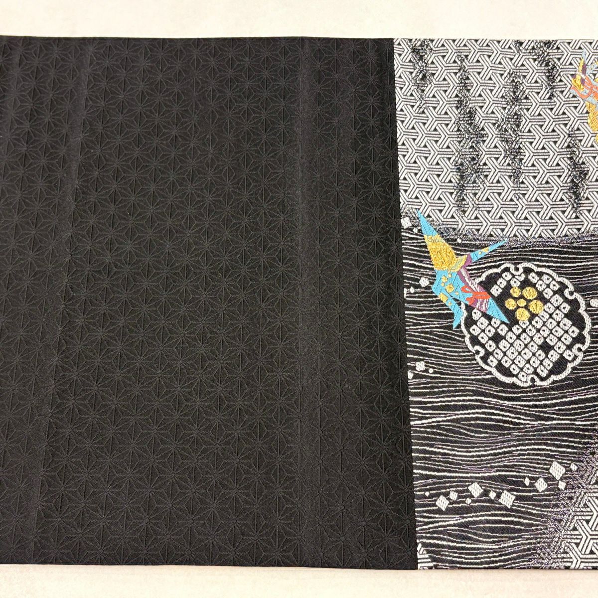 【美品】 袋帶 秀品級 雪輪 折仙鶴 金銀彩 刺繡 墨 黑 六通 純蠶絲