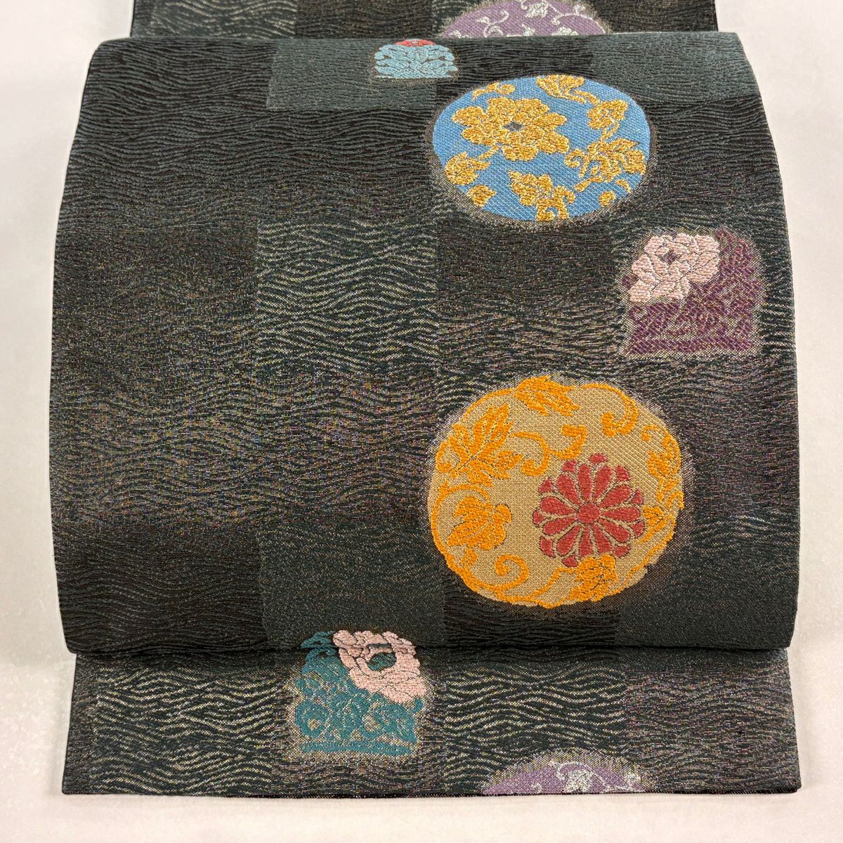 袋帶 秀品級 草花紋紋 圓文 刺繡 金銀彩 灰綠 六通 純蠶絲