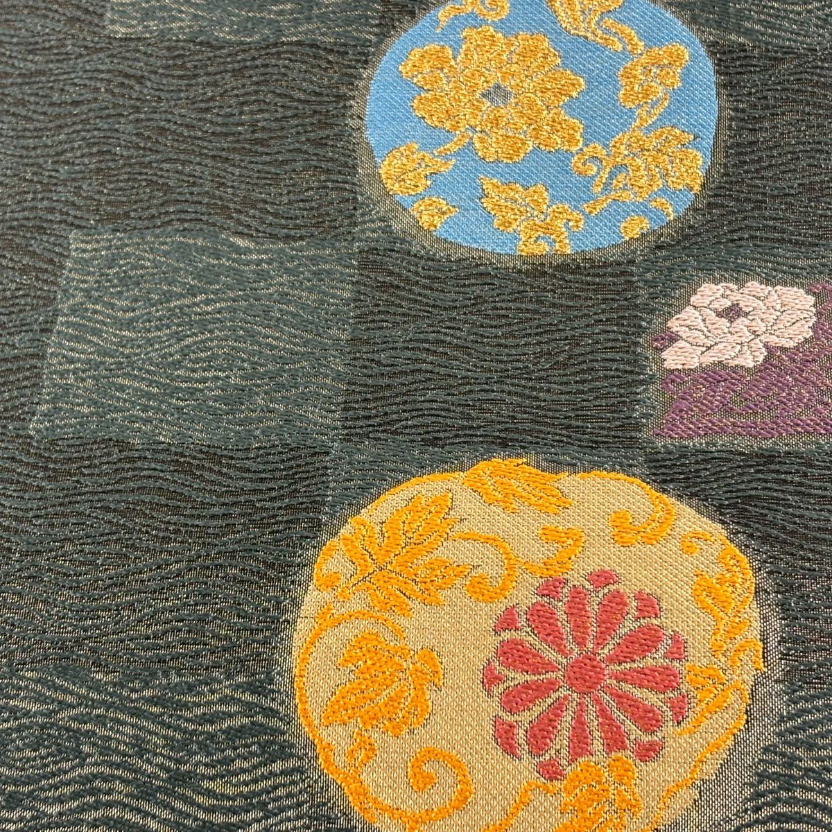 袋帶 秀品級 草花紋紋 圓文 刺繡 金銀彩 灰綠 六通 純蠶絲