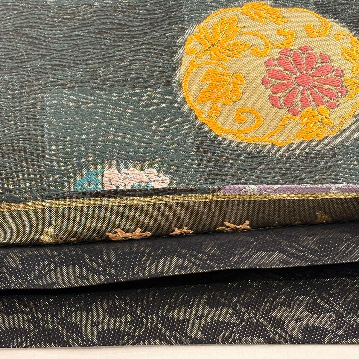 袋帶 秀品級 草花紋紋 圓文 刺繡 金銀彩 灰綠 六通 純蠶絲