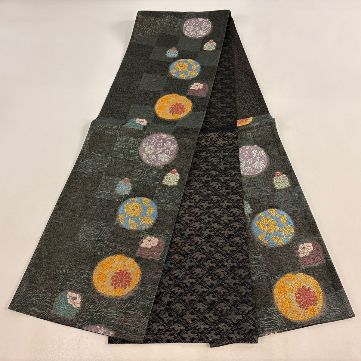 袋帶 秀品級 草花紋紋 圓文 刺繡 金銀彩 灰綠 六通 純蠶絲