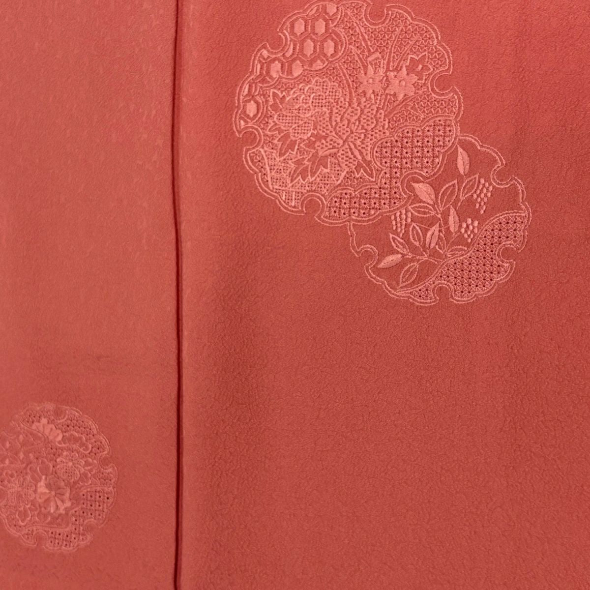 【美品】 付下 身長162.5cm 袖長67cm M 雙層 雪輪 草花紋刺繡 粉紅 純蠶絲 秀品級 一個紋