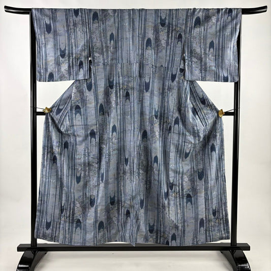 【美品】 小紋 身長155.5cm 袖長66cm M 雙層 草花紋紋 人物 青灰 純蠶絲 秀品級