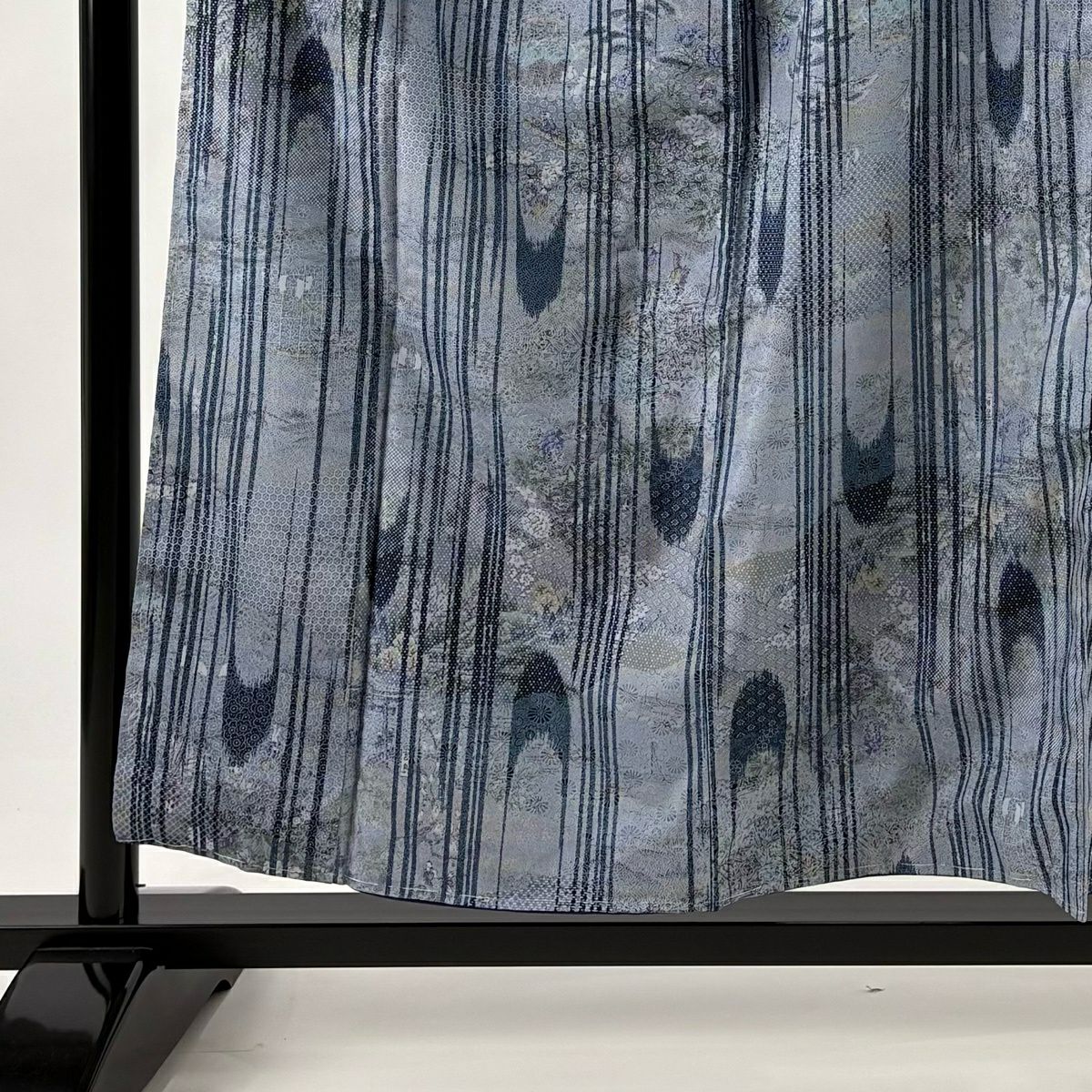【美品】 小紋 身長155.5cm 袖長66cm M 雙層 草花紋紋 人物 青灰 純蠶絲 秀品級