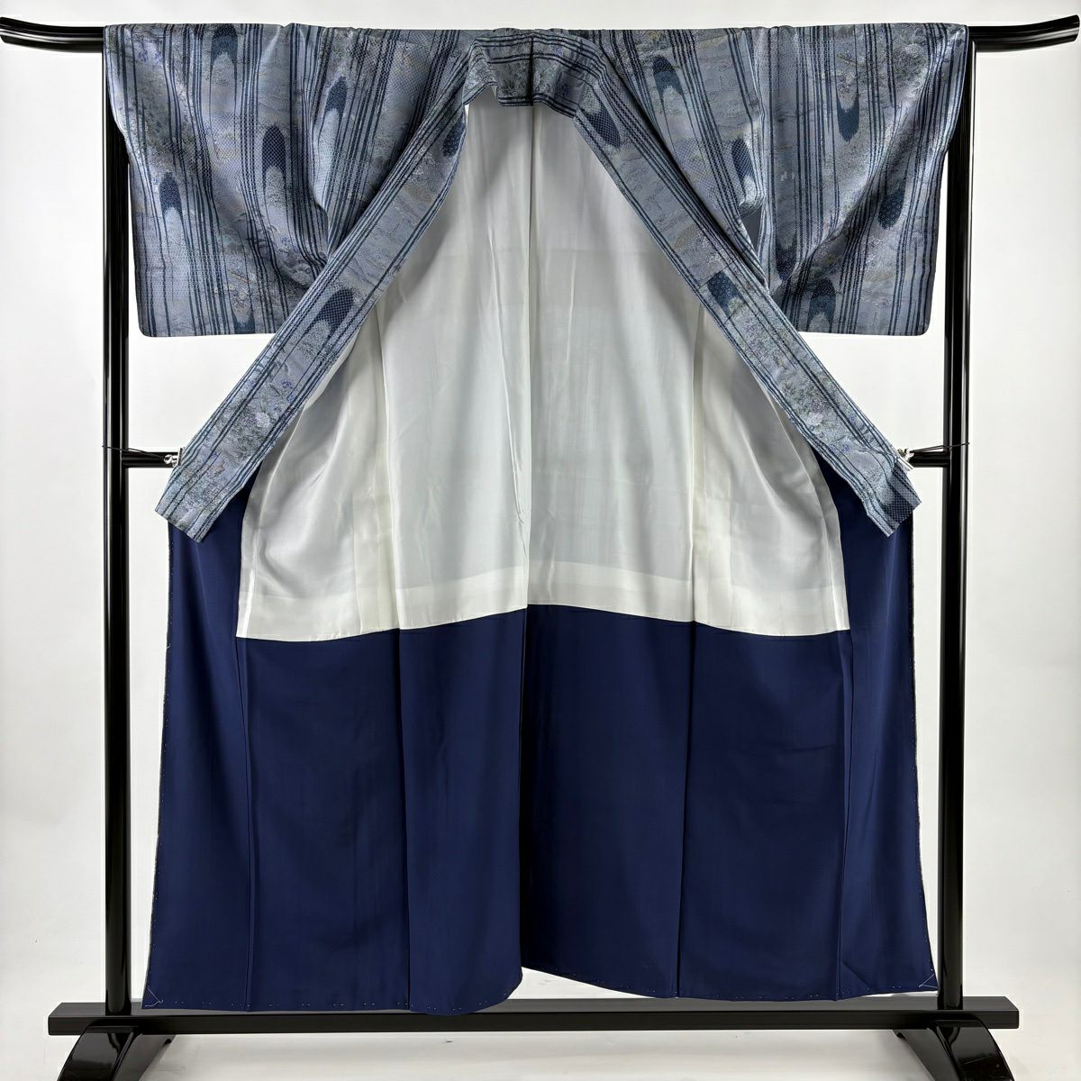 【美品】 小紋 身長155.5cm 袖長66cm M 雙層 草花紋紋 人物 青灰 純蠶絲 秀品級