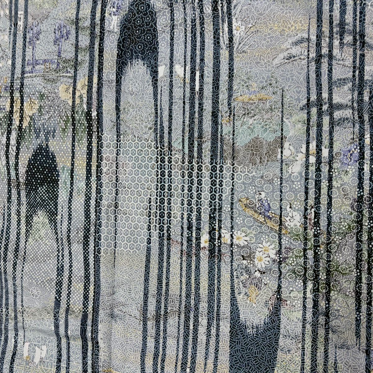 【美品】 小紋 身長155.5cm 袖長66cm M 雙層 草花紋紋 人物 青灰 純蠶絲 秀品級