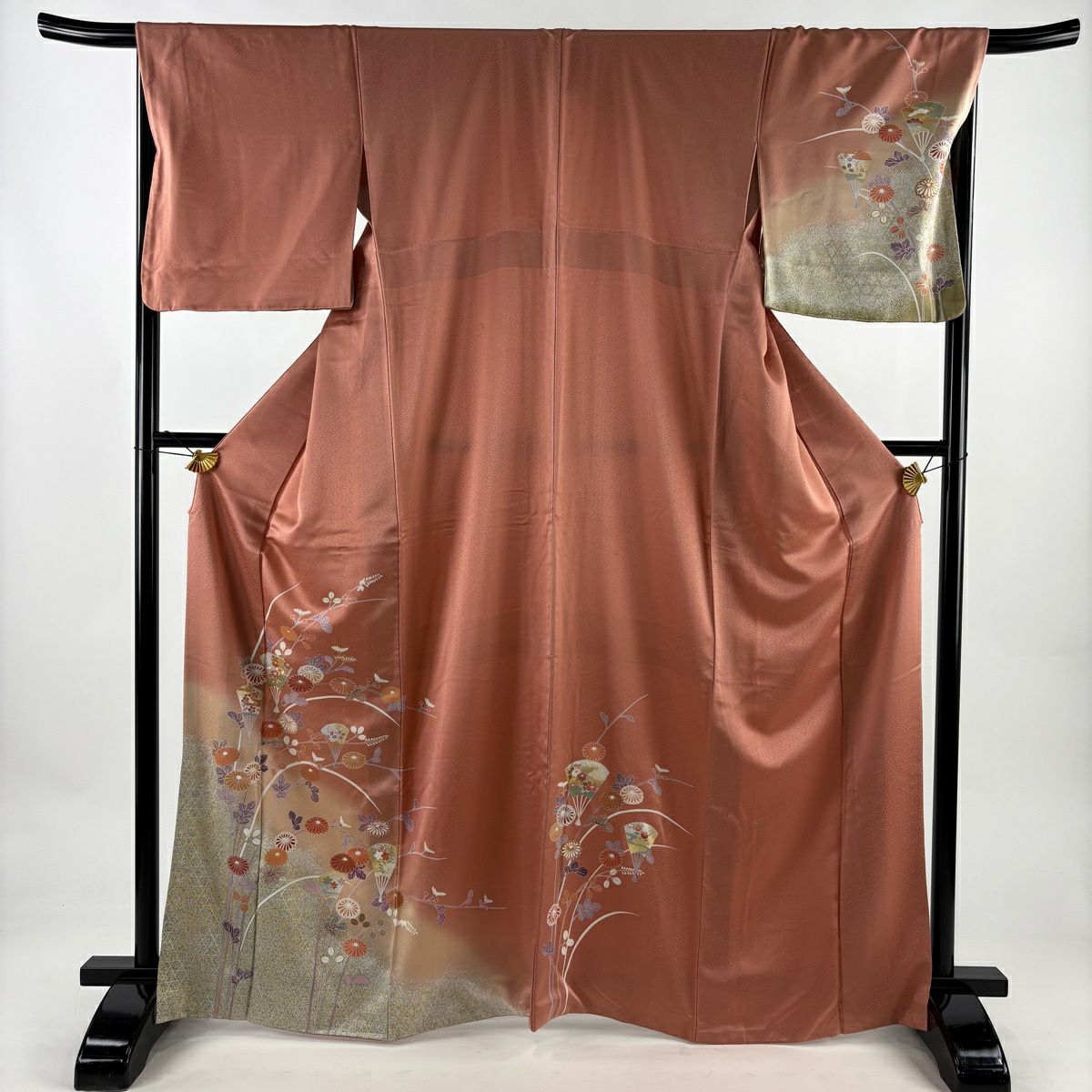 訪問服 身長165.5cm 袖長67.5cm L 雙層 扇子 秋草 金絲 金銀彩 粉紅 純蠶絲 優品級