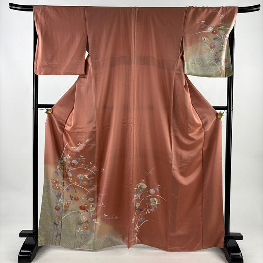 訪問服 身長165.5cm 袖長67.5cm L 雙層 扇子 秋草 金絲 金銀彩 粉紅 純蠶絲 優品級
