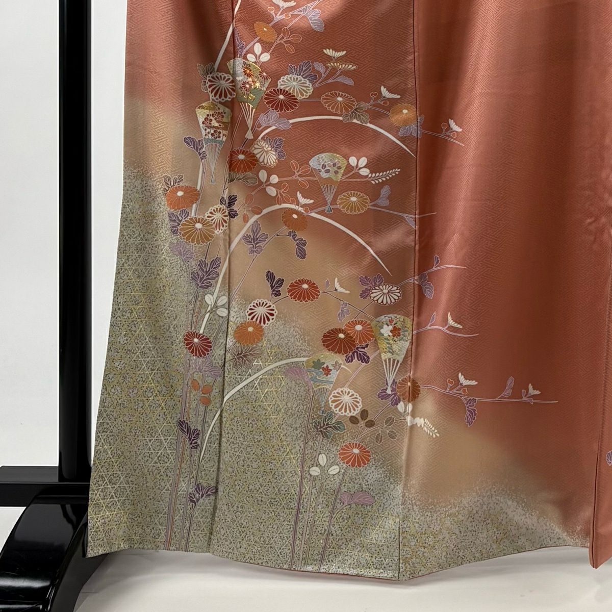 訪問服 身長165.5cm 袖長67.5cm L 雙層 扇子 秋草 金絲 金銀彩 粉紅 純蠶絲 優品級
