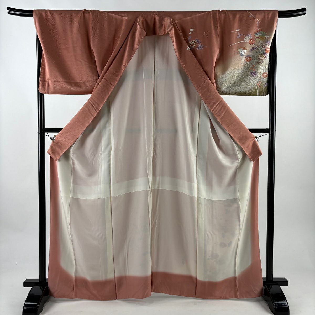 訪問服 身長165.5cm 袖長67.5cm L 雙層 扇子 秋草 金絲 金銀彩 粉紅 純蠶絲 優品級