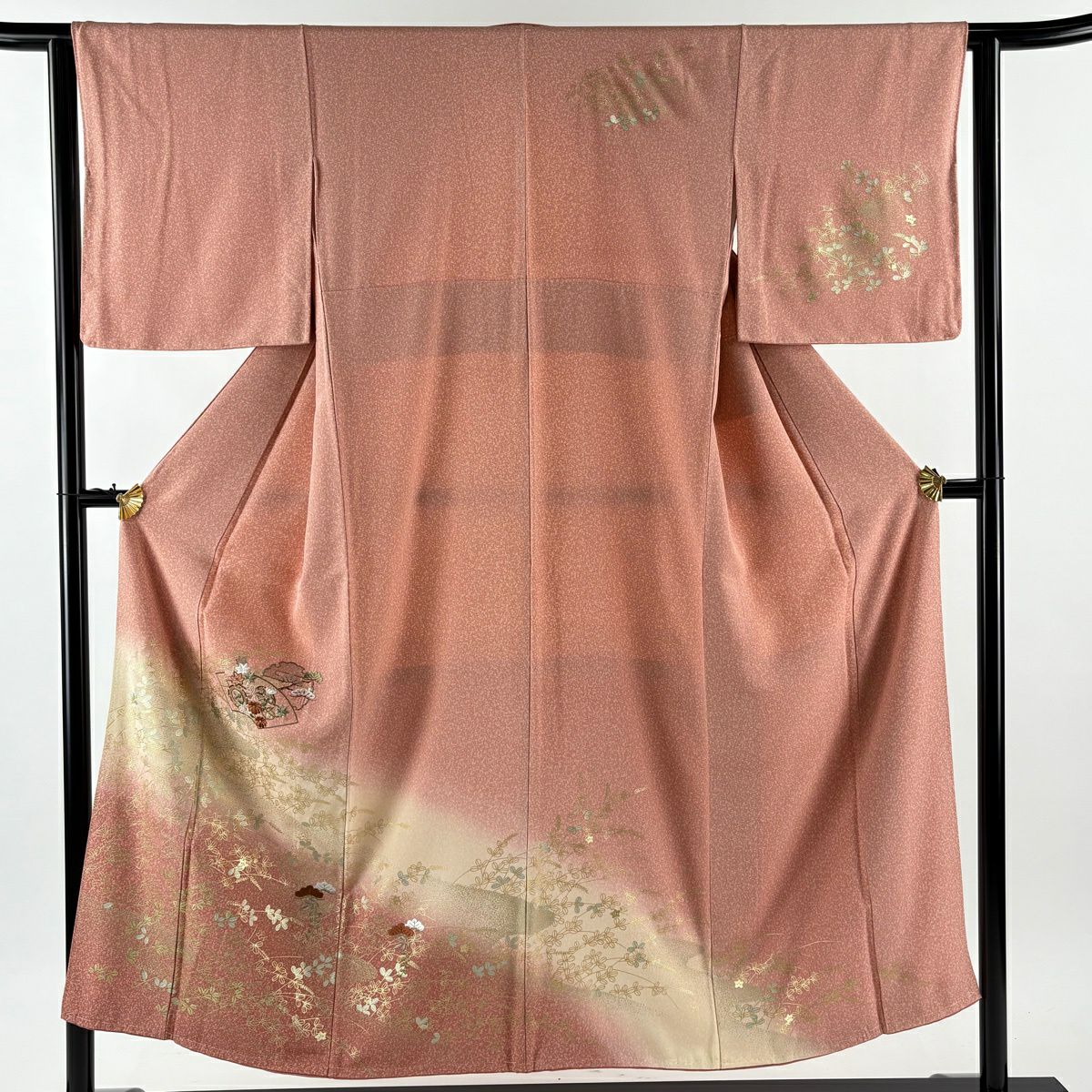 訪問服 身長150.5cm 袖長63cm S 雙層 扇子面 鼓 刺繡 金彩裝飾 鮭粉色 純蠶絲 秀品級