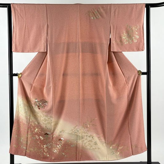 訪問服 身長150.5cm 袖長63cm S 雙層 扇子面 鼓 刺繡 金彩裝飾 鮭粉色 純蠶絲 秀品級