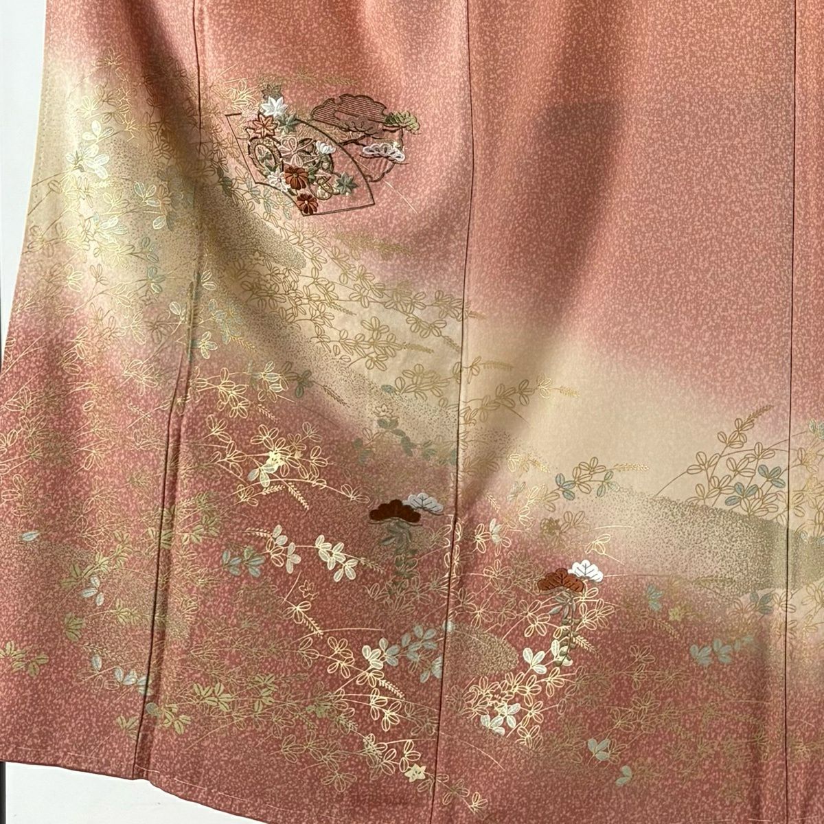 訪問服 身長150.5cm 袖長63cm S 雙層 扇子面 鼓 刺繡 金彩裝飾 鮭粉色 純蠶絲 秀品級