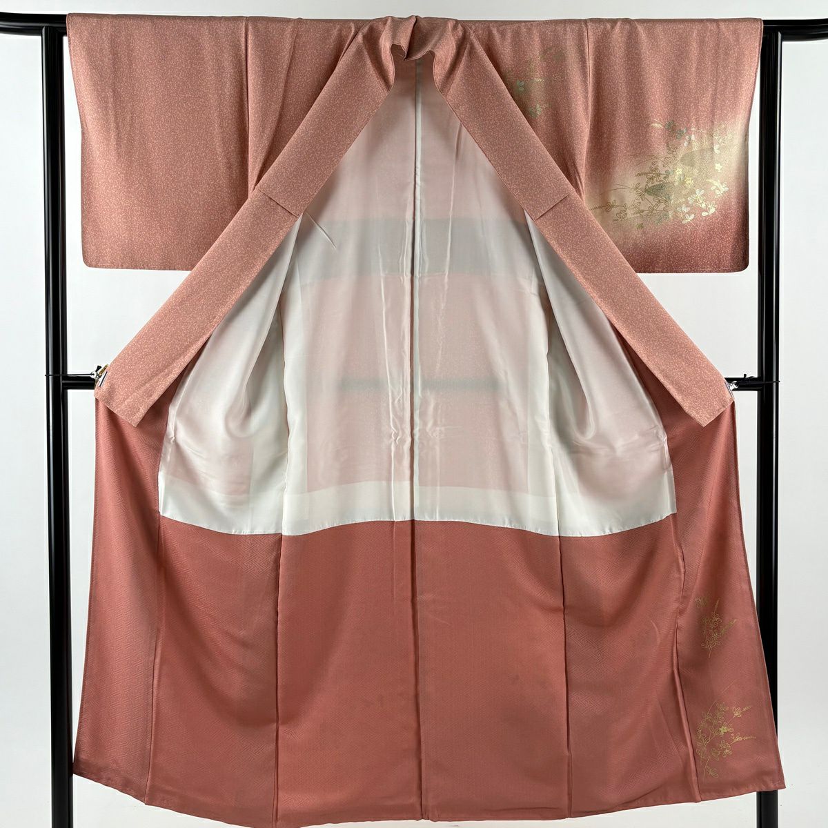 訪問服 身長150.5cm 袖長63cm S 雙層 扇子面 鼓 刺繡 金彩裝飾 鮭粉色 純蠶絲 秀品級
