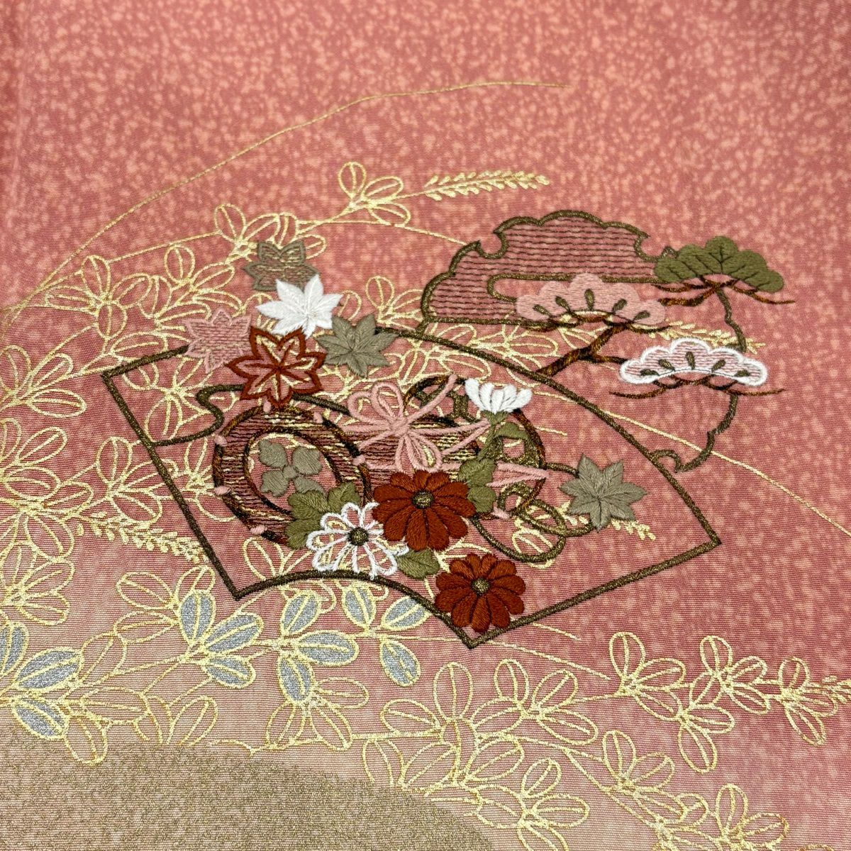 訪問服 身長150.5cm 袖長63cm S 雙層 扇子面 鼓 刺繡 金彩裝飾 鮭粉色 純蠶絲 秀品級