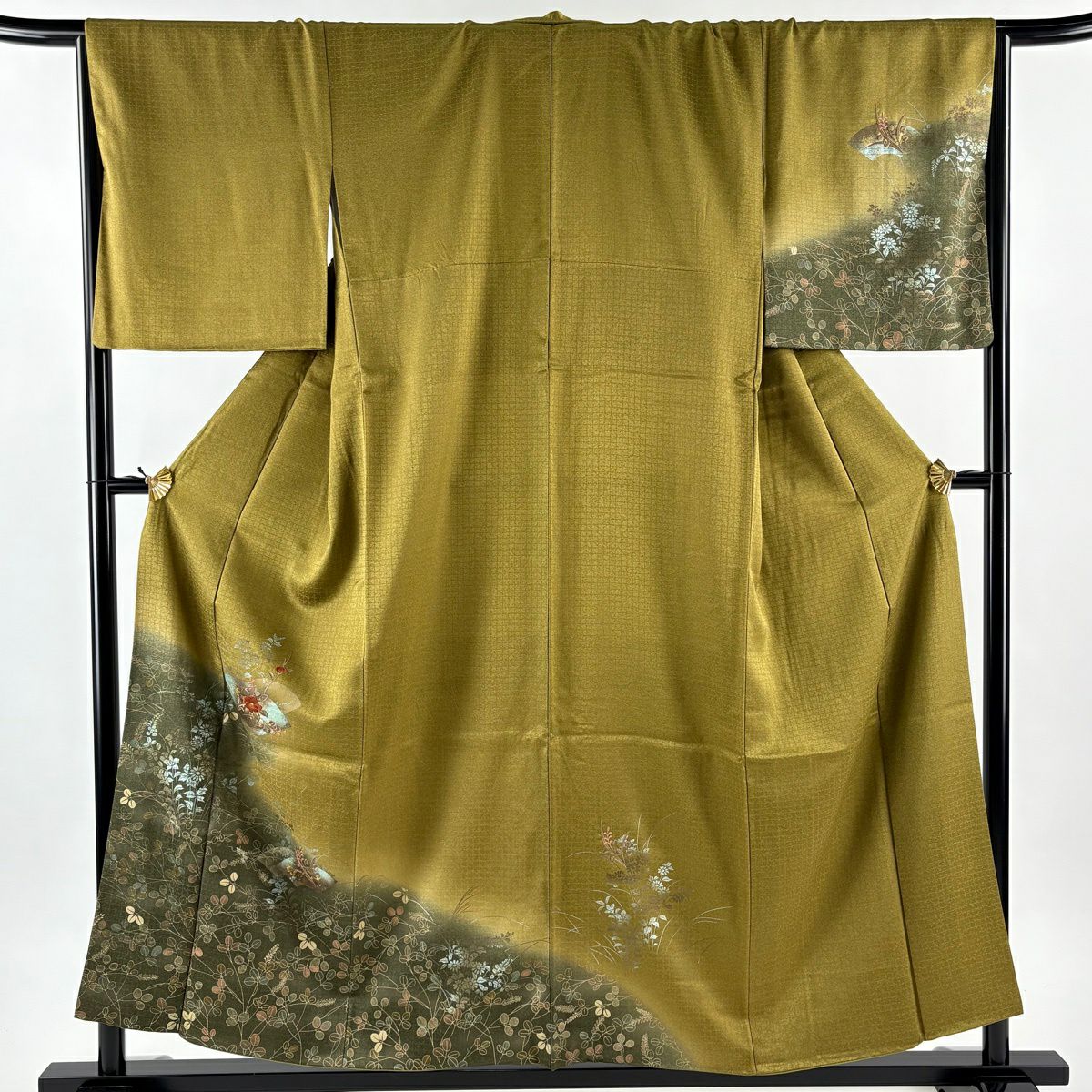 付下 身長156cm 袖長67.5cm L 雙層 扇子面 草花紋刺繡 金銀彩 茶綠 純蠶絲 秀品級