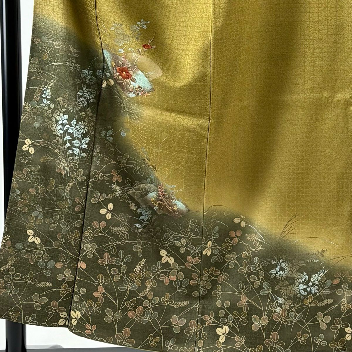 付下 身長156cm 袖長67.5cm L 雙層 扇子面 草花紋刺繡 金銀彩 茶綠 純蠶絲 秀品級