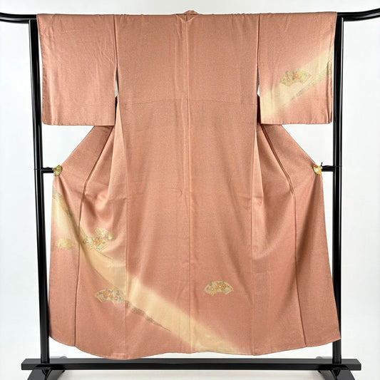 付下 身長152.5cm 袖長64cm M 雙層 扇子面 草花紋 金彩裝飾 刺繡 粉米色 純蠶絲 優品級