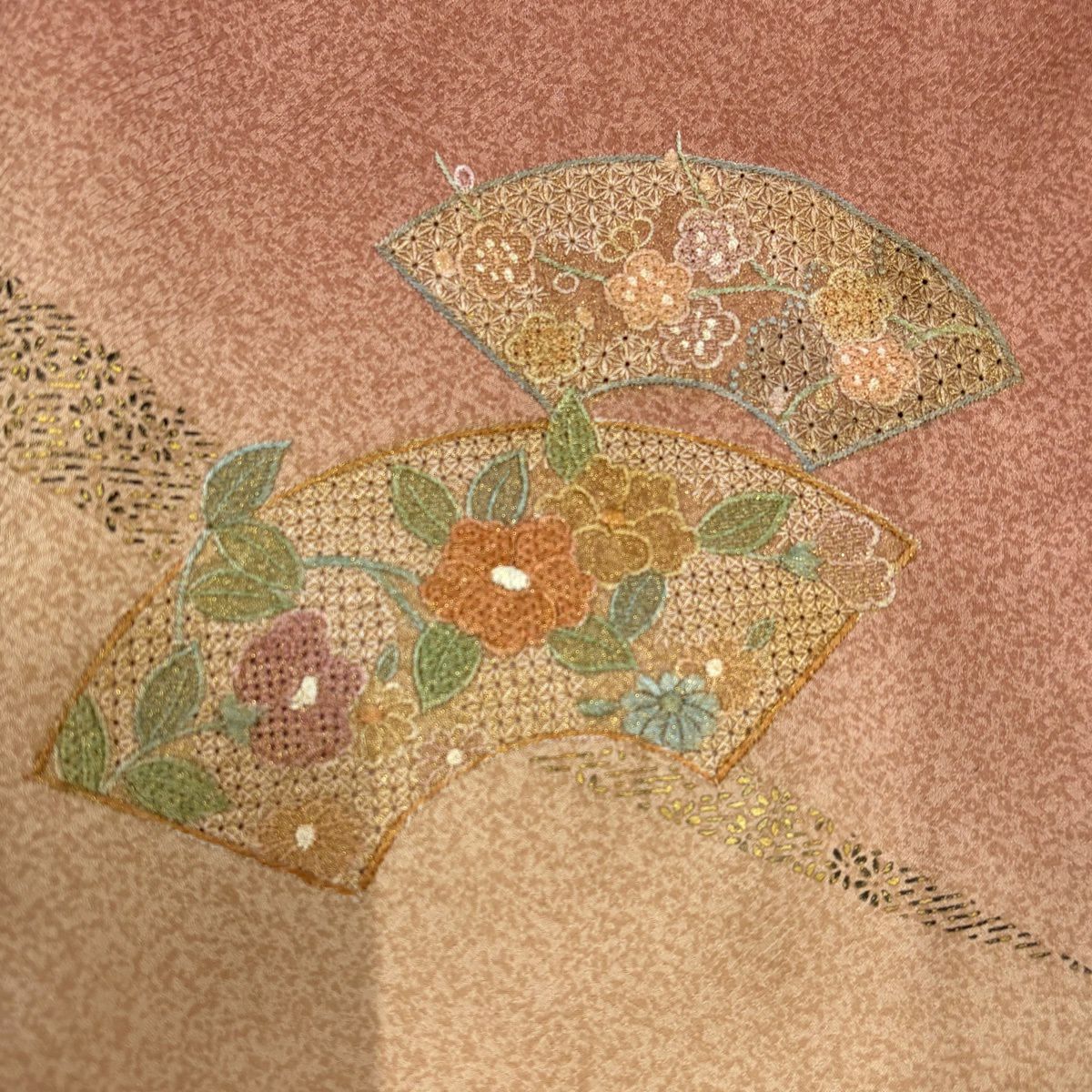 付下 身長152.5cm 袖長64cm M 雙層 扇子面 草花紋 金彩裝飾 刺繡 粉米色 純蠶絲 優品級