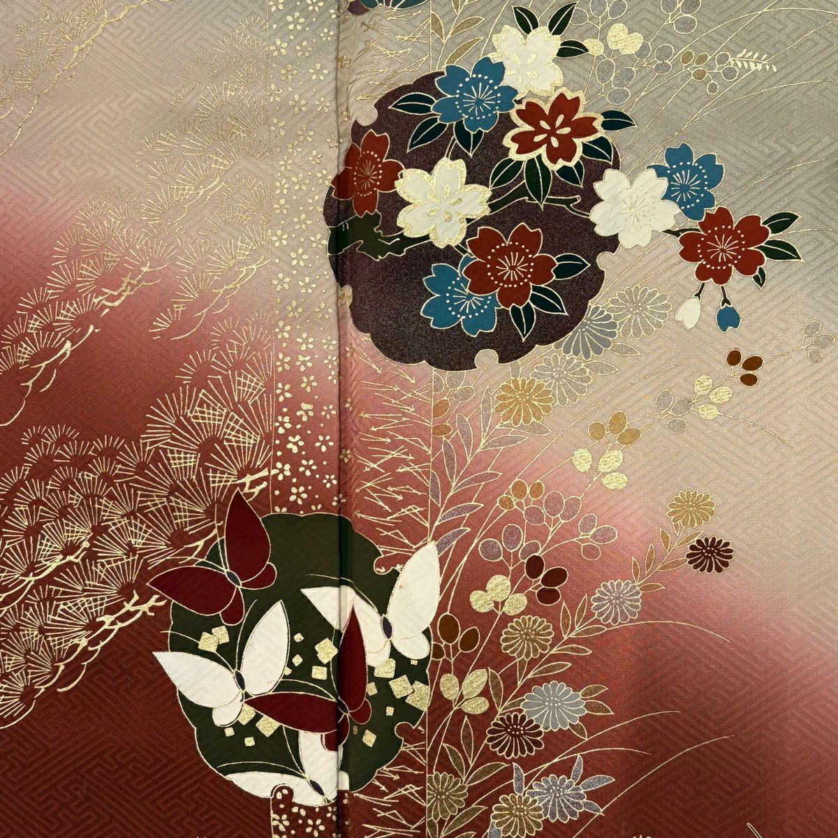 訪問服 身長159cm 袖長64cm M 雙層 雪輪 花蝶 金彩裝飾 染分 灰綠 純蠶絲 秀品級