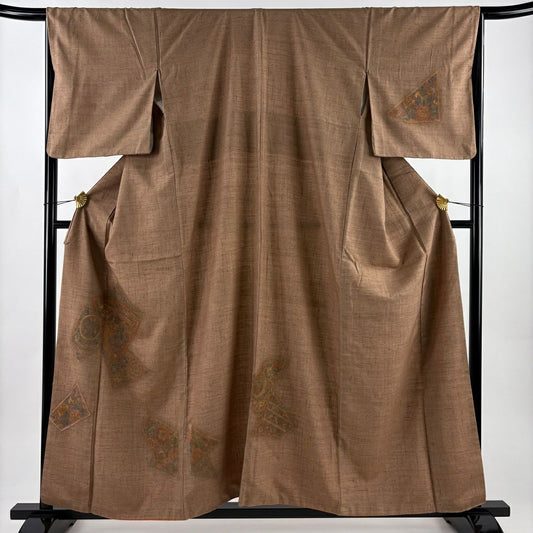 【美品】 付下 身長158cm 袖長66cm M 雙層 紬織織 草花紋紋 鳥刺繡 茶 純蠶絲 秀品級