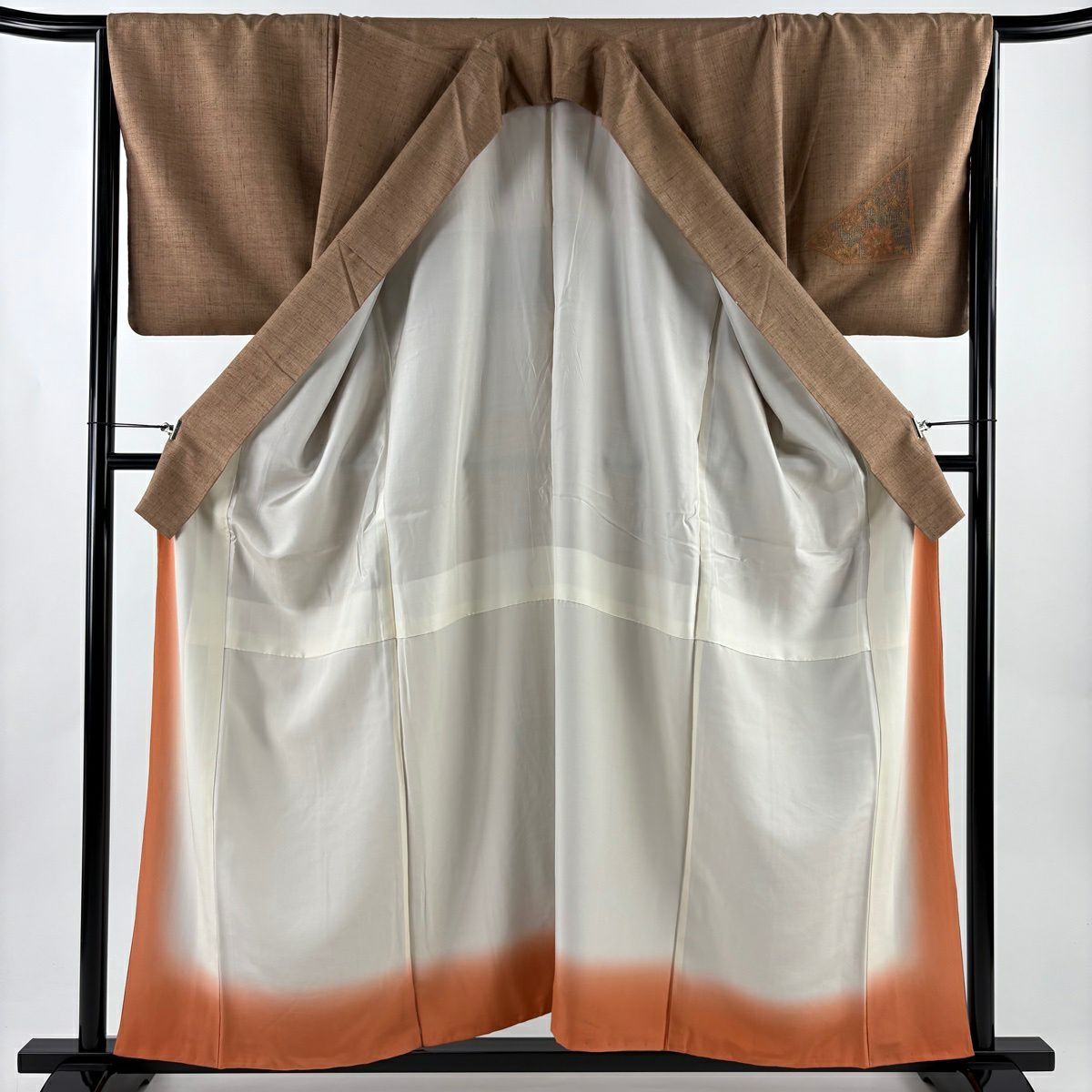 【美品】 付下 身長158cm 袖長66cm M 雙層 紬織織 草花紋紋 鳥刺繡 茶 純蠶絲 秀品級