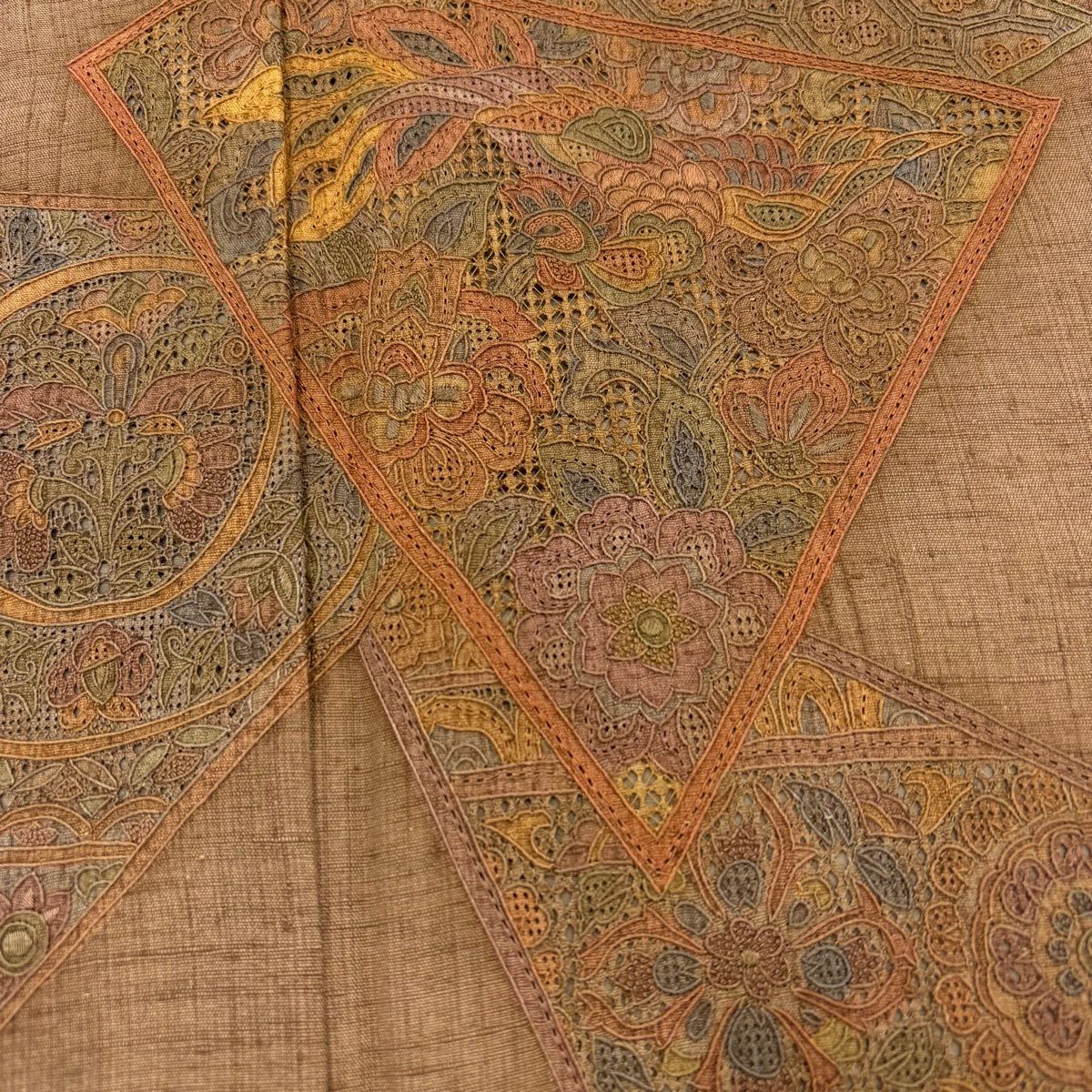 【美品】 付下 身長158cm 袖長66cm M 雙層 紬織織 草花紋紋 鳥刺繡 茶 純蠶絲 秀品級