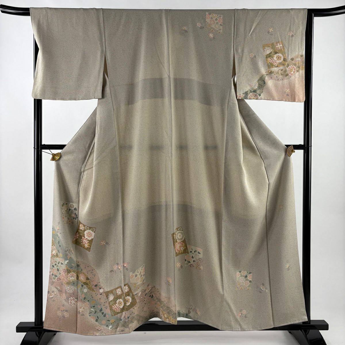 訪問服 身長158cm 袖長66.5cm M 雙層 落款あり 色紙 花唐草紋 金銀彩 灰茶 純蠶絲 秀品級
