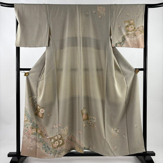 訪問服 身長158cm 袖長66.5cm M 雙層 落款あり 色紙 花唐草紋 金銀彩 灰茶 純蠶絲 秀品級