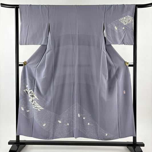 訪問服 身長153cm 袖長63cm S 雙層 落款あり 草花紋紋 銀杏 灰紫 純蠶絲 秀品級