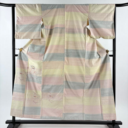 付下 身長156cm 袖長64cm M 雙層 紬織織 扇子面 草花紋紋 刺繡 粉紅 純蠶絲 秀品級