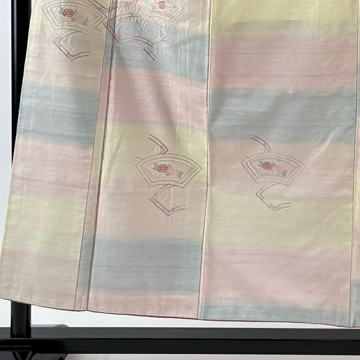 付下 身長156cm 袖長64cm M 雙層 紬織織 扇子面 草花紋紋 刺繡 粉紅 純蠶絲 秀品級
