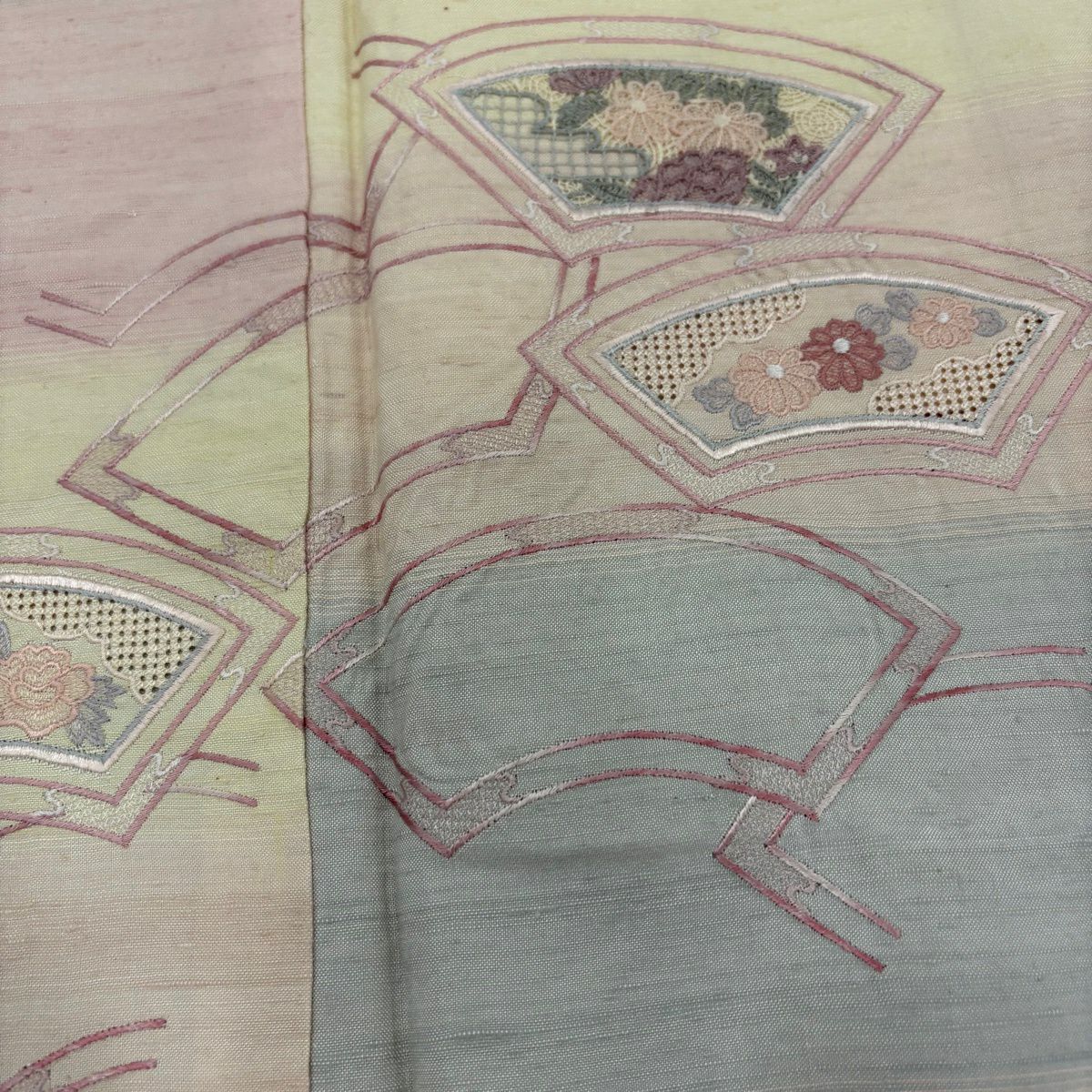 付下 身長156cm 袖長64cm M 雙層 紬織織 扇子面 草花紋紋 刺繡 粉紅 純蠶絲 秀品級