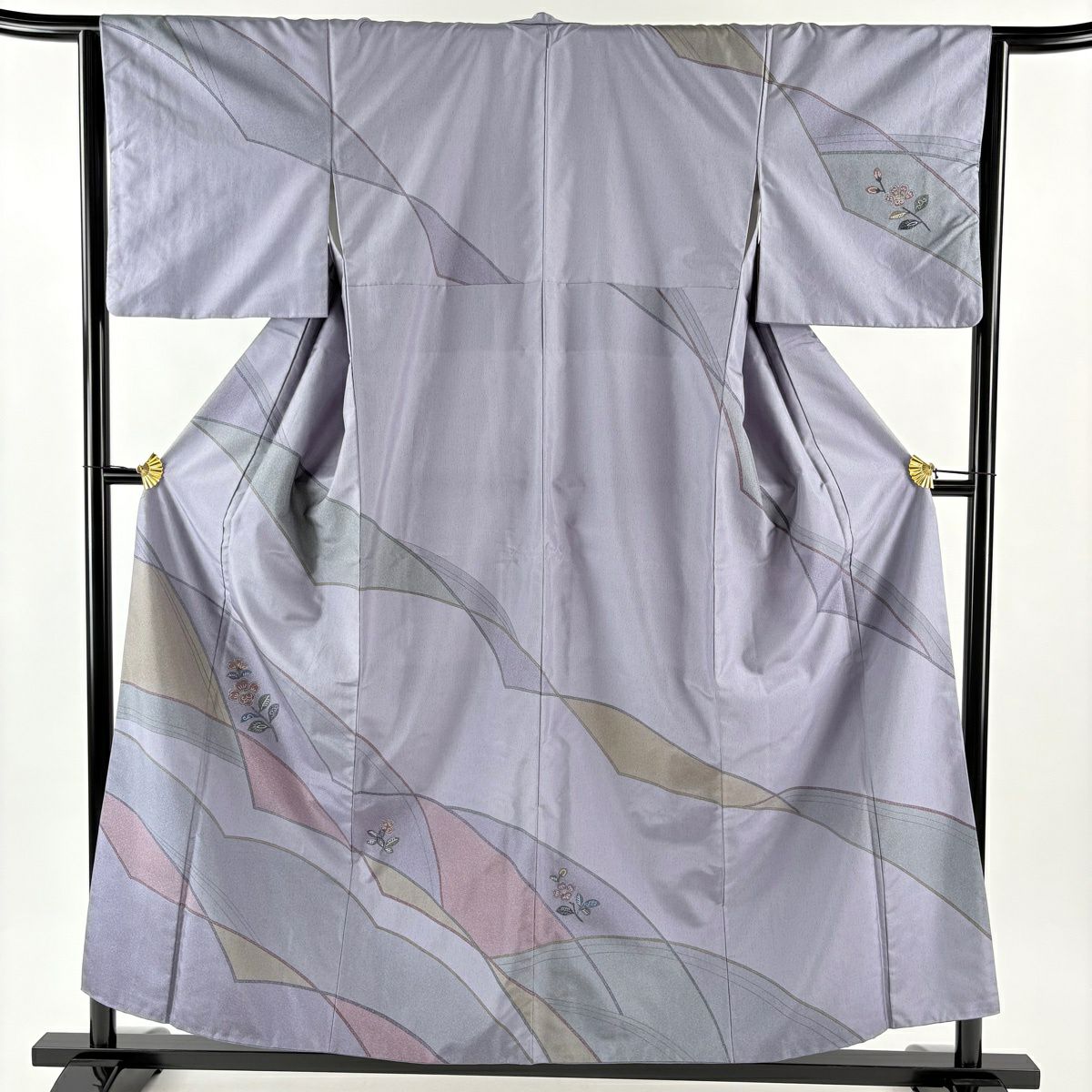 【美品】訪問服 身長157cm 袖長64cm M 雙層 紬織織 草花紋紋 幾何學圖案 灰紫 純蠶絲 秀品級