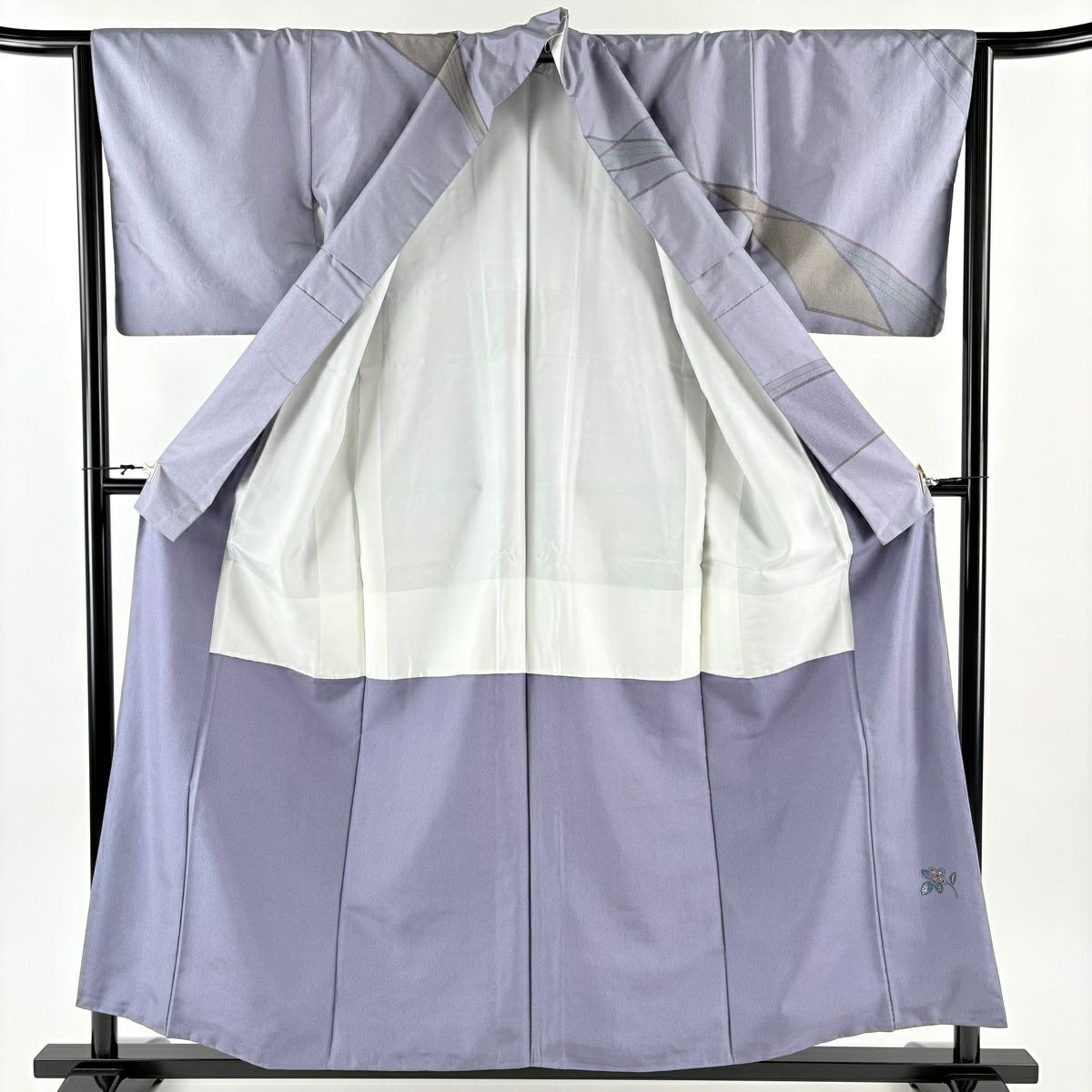 【美品】訪問服 身長157cm 袖長64cm M 雙層 紬織織 草花紋紋 幾何學圖案 灰紫 純蠶絲 秀品級