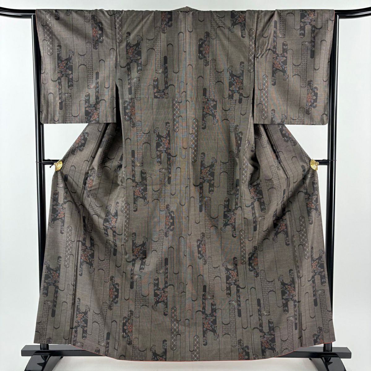【美品】 紬織 身長160.5cm 袖長66cm M 雙層 草花紋紋 壺垂 焦茶 純蠶絲 秀品級