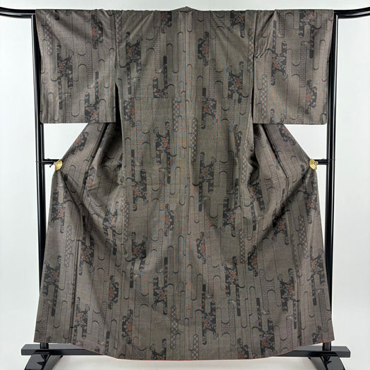 【美品】 紬織 身長160.5cm 袖長66cm M 雙層 草花紋紋 壺垂 焦茶 純蠶絲 秀品級