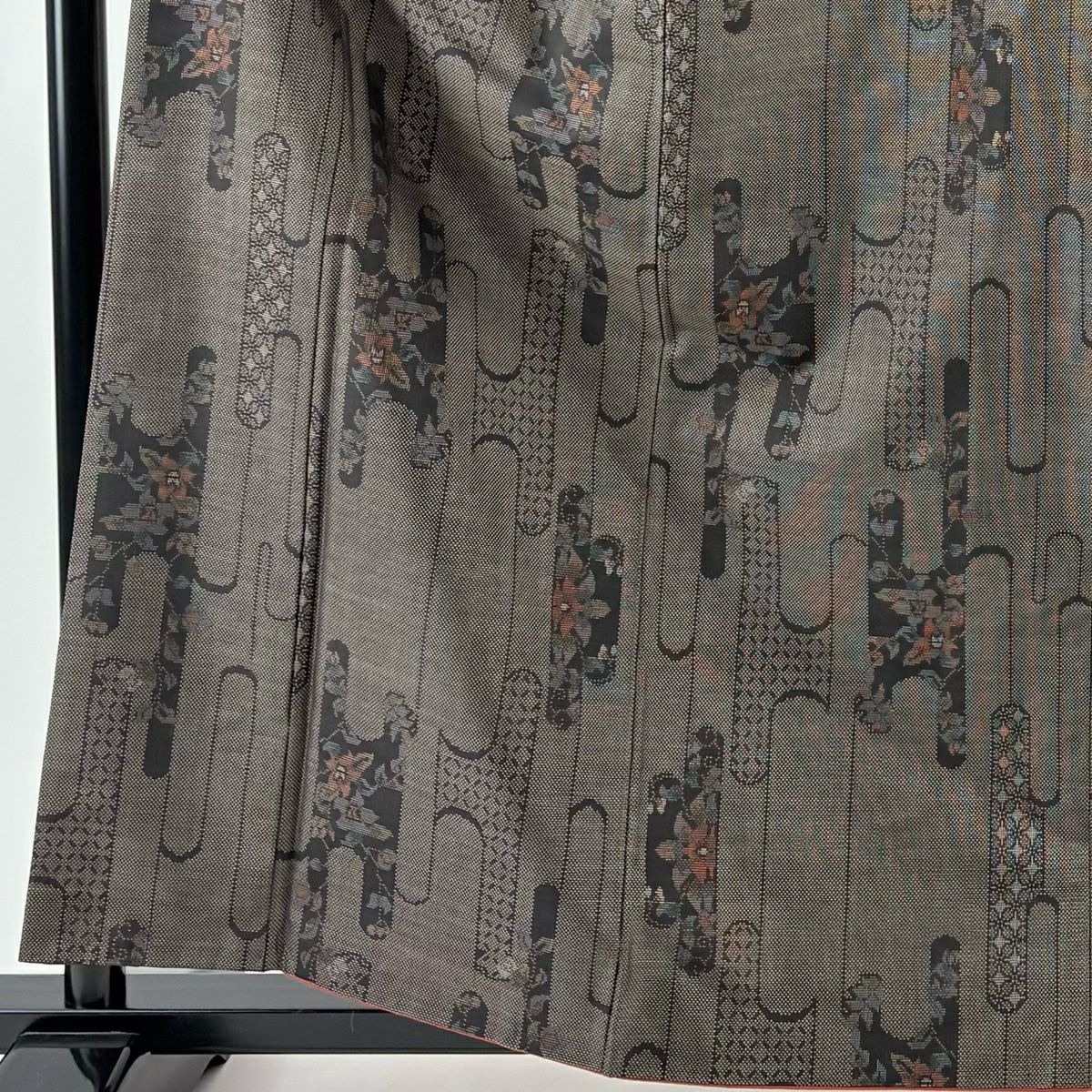 【美品】 紬織 身長160.5cm 袖長66cm M 雙層 草花紋紋 壺垂 焦茶 純蠶絲 秀品級