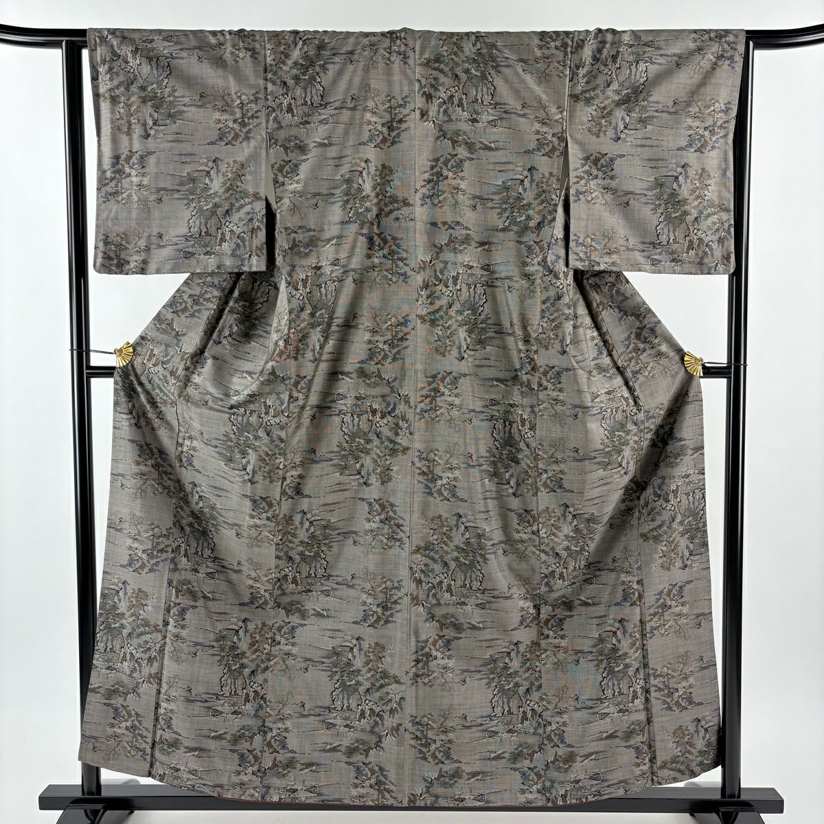 【美品】 紬織 身長158.5cm 袖長64cm M 雙層 樹木 黑灰 純蠶絲 秀品級