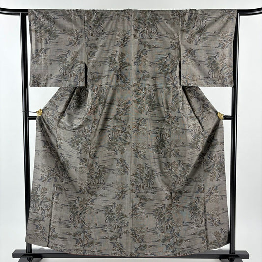 【美品】 紬織 身長158.5cm 袖長64cm M 雙層 樹木 黑灰 純蠶絲 秀品級