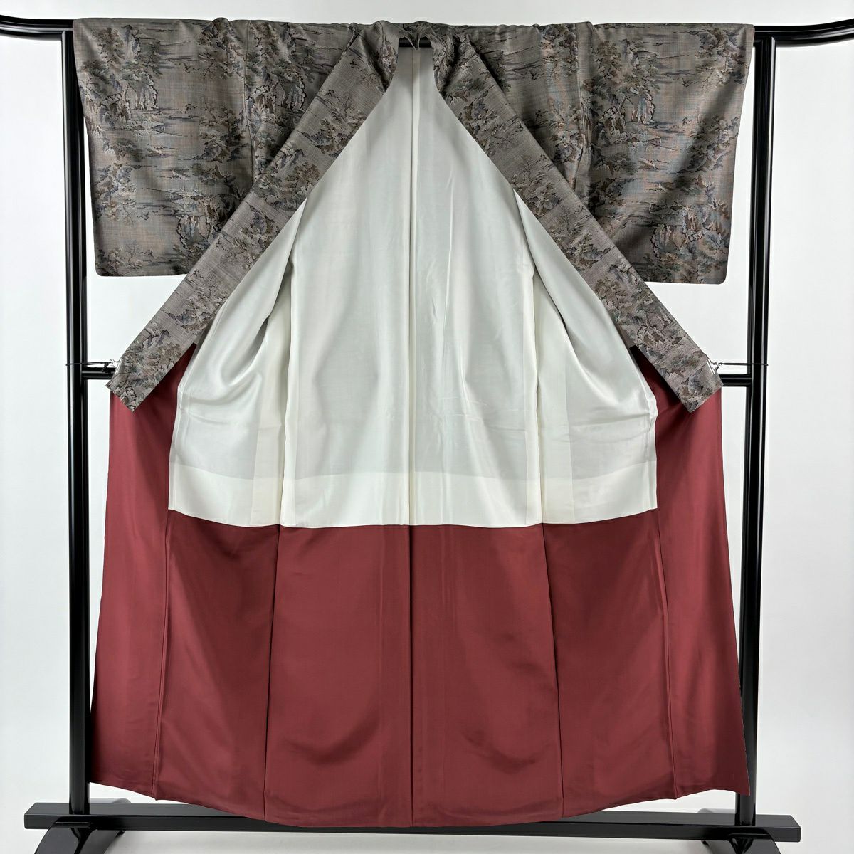 【美品】 紬織 身長158.5cm 袖長64cm M 雙層 樹木 黑灰 純蠶絲 秀品級