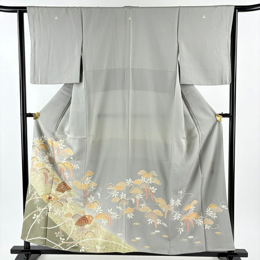 色留袖禮服 身長156.5cm 袖長62cm S 雙層 落款あり 松樹 扇子面 金銀彩 漸層 灰 純蠶絲 秀品級 三つ紋
