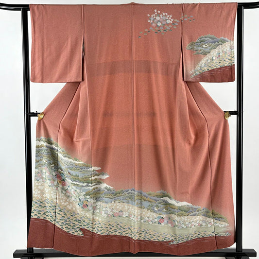 【美品】訪問服 身長157cm 袖長62.5cm S 雙層 樹木 菊花 花紋 漸層 粉紅 純蠶絲 優品級