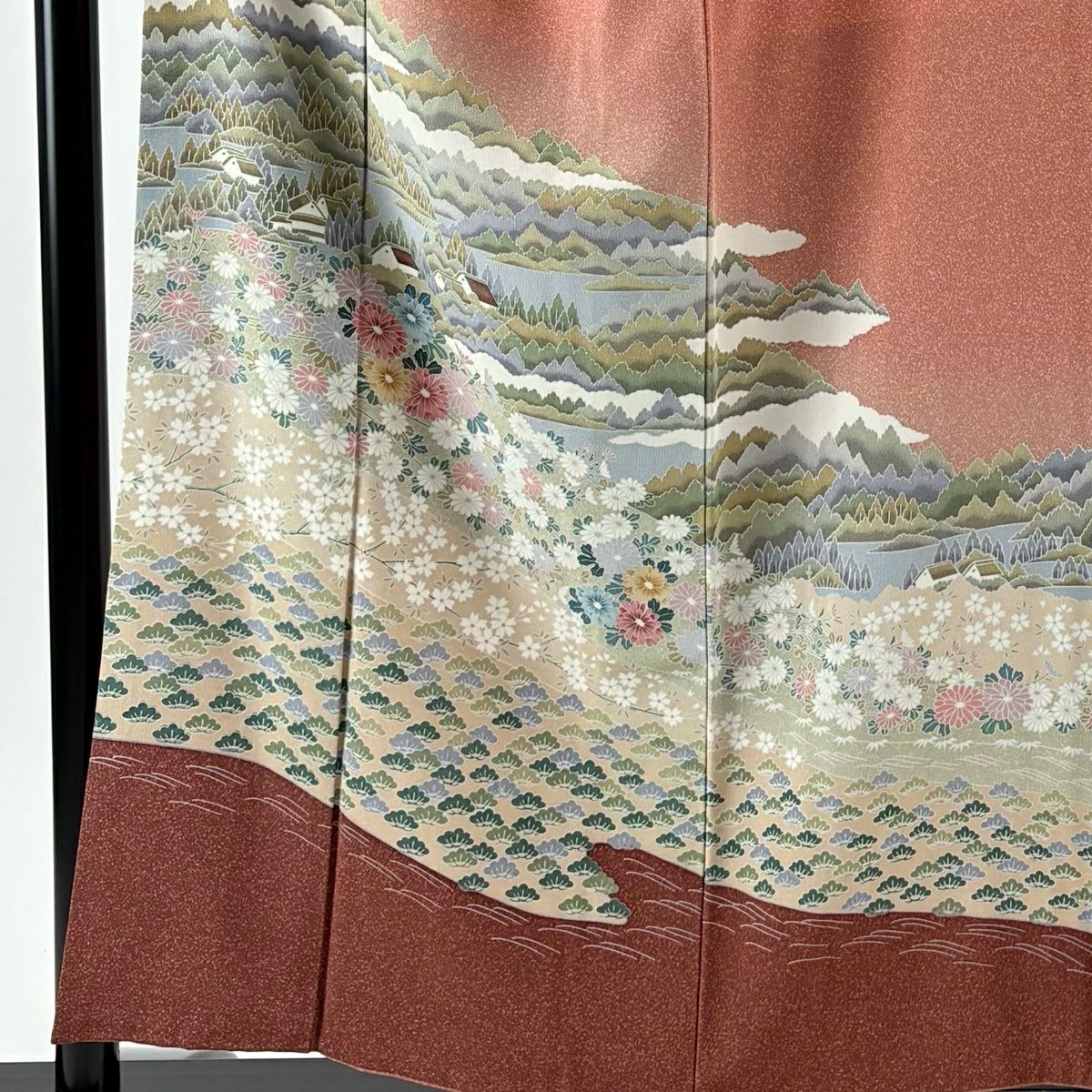 【美品】訪問服 身長157cm 袖長62.5cm S 雙層 樹木 菊花 花紋 漸層 粉紅 純蠶絲 優品級