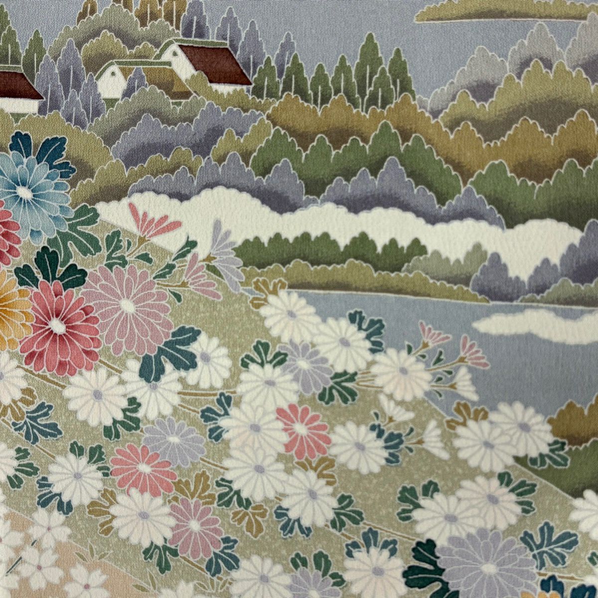 【美品】訪問服 身長157cm 袖長62.5cm S 雙層 樹木 菊花 花紋 漸層 粉紅 純蠶絲 優品級