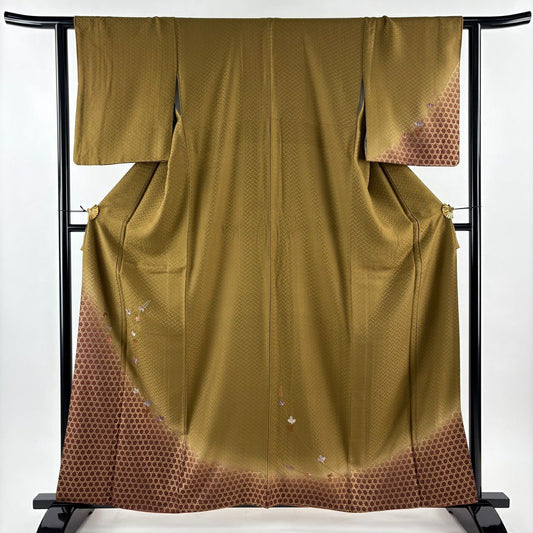 【美品】 付下 身長160cm 袖長61.5cm S 雙層 萩 蝶 刺繡 金銀彩 茶綠 純蠶絲 秀品級