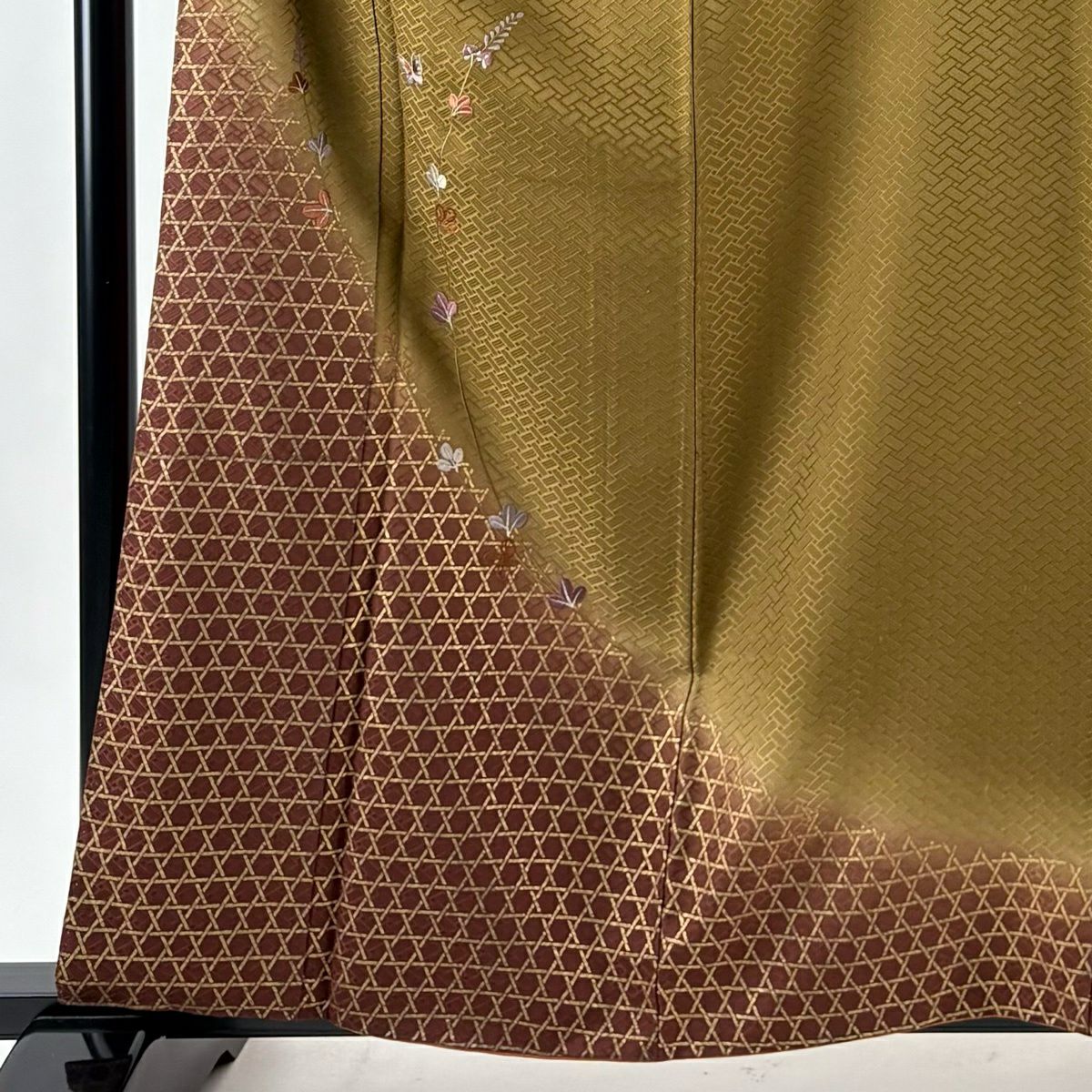【美品】 付下 身長160cm 袖長61.5cm S 雙層 萩 蝶 刺繡 金銀彩 茶綠 純蠶絲 秀品級