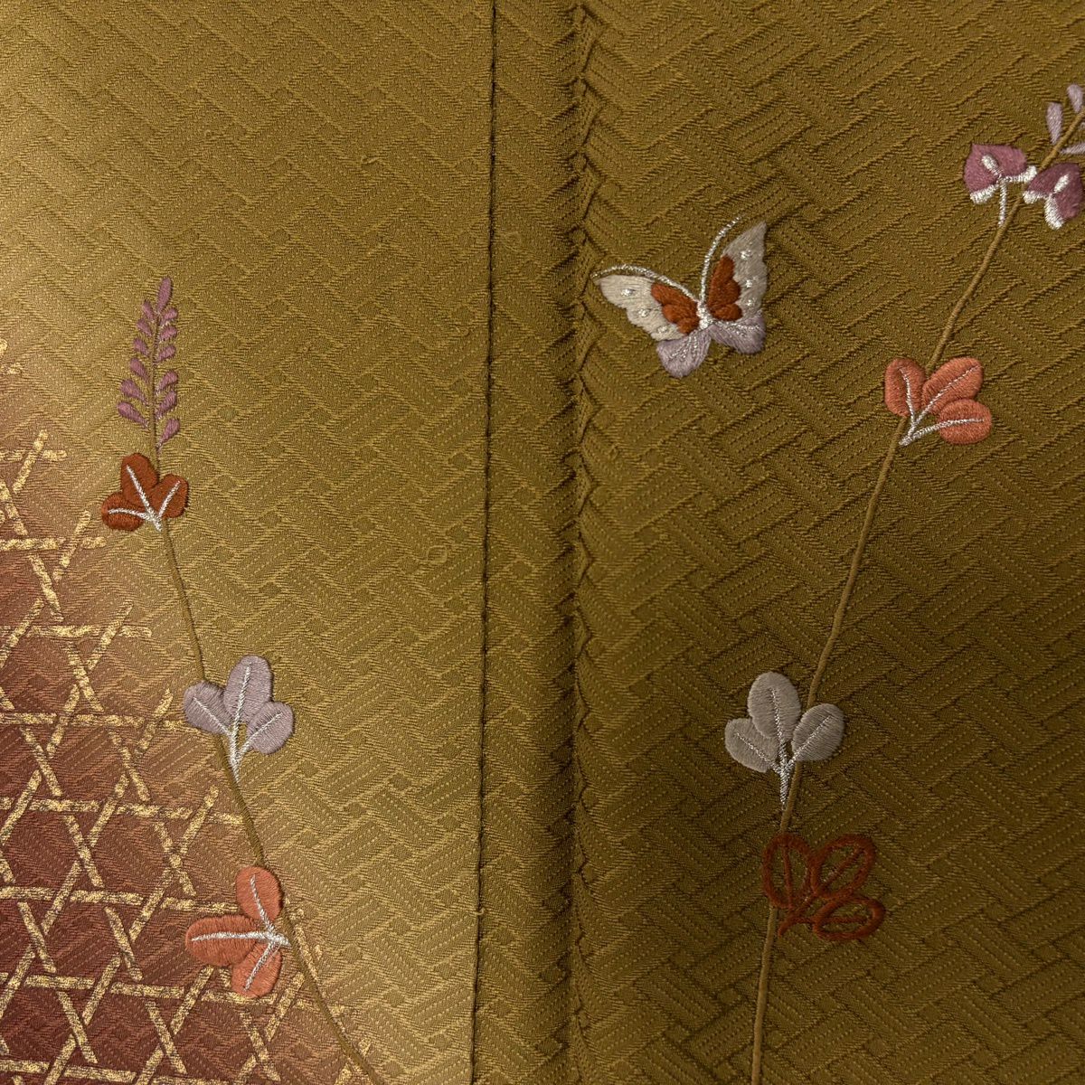 【美品】 付下 身長160cm 袖長61.5cm S 雙層 萩 蝶 刺繡 金銀彩 茶綠 純蠶絲 秀品級