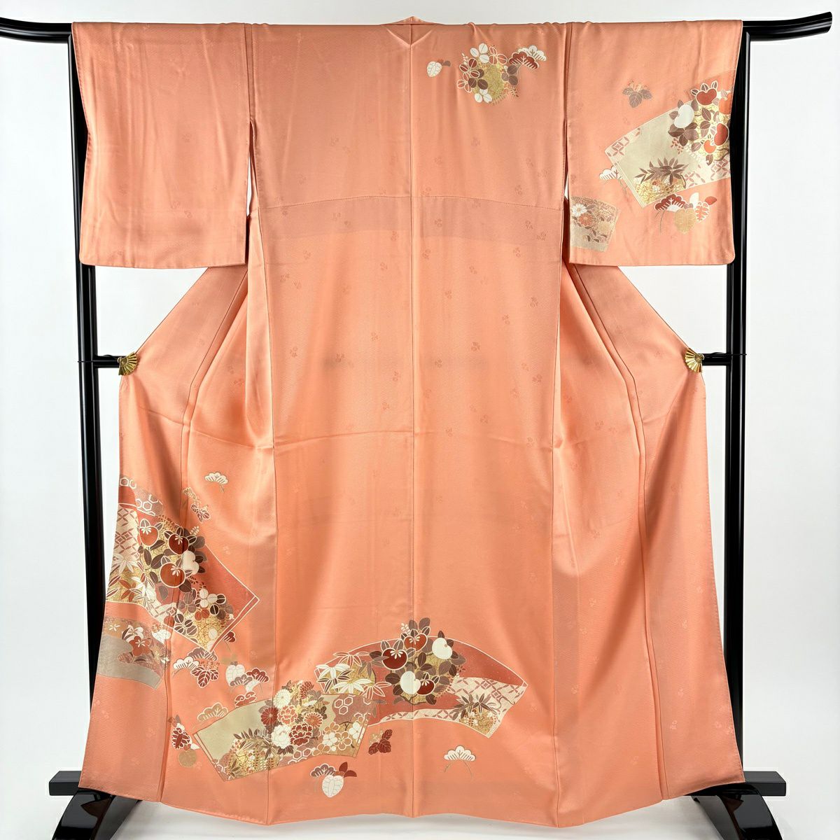 【美品】訪問服 身長163cm 袖長66cm M 雙層 扇子面 橘 金銀彩 鮭粉色 純蠶絲 秀品級