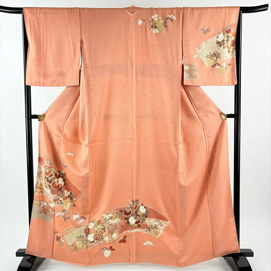 【美品】訪問服 身長163cm 袖長66cm M 雙層 扇子面 橘 金銀彩 鮭粉色 純蠶絲 秀品級
